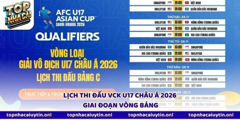Lịch thi đấu VCK U17 châu Á 2026 giai đoạn vòng bảng
